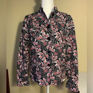 EUC Denim Blazer: Black w Pink & White Paisley Design Jeans Jacket/Blazer